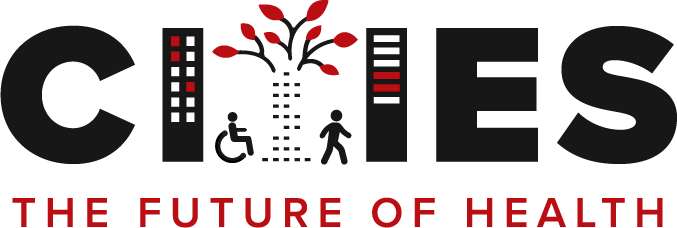 Cities: The Future of Health graphic: the two I's in "cities" are skyscrapers, the T is a tree, and there are icons walking and rolling a wheelchair under the tree.