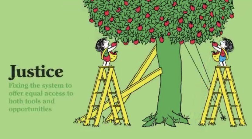 Justice: Fixing the system to offer equal access to tools and opportunities.Two people stand under a fruit tree. Both are on ladders of equal heights. The tree is propped upright so both can reach fruit.