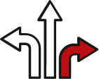 icon showing three arrows, one colored red and moving away from up