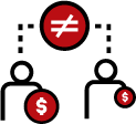 Icon showing two stick figures, one with a larger coin than the other. An unequal symbol floats between them.