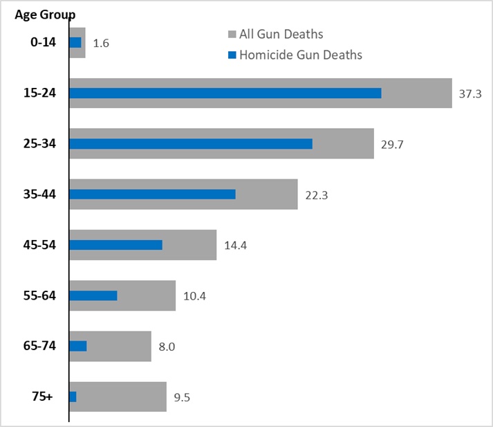 Chart showing gun deaths and homicide gun deaths by age group. Ages 15–24 had the highest rates for both.
