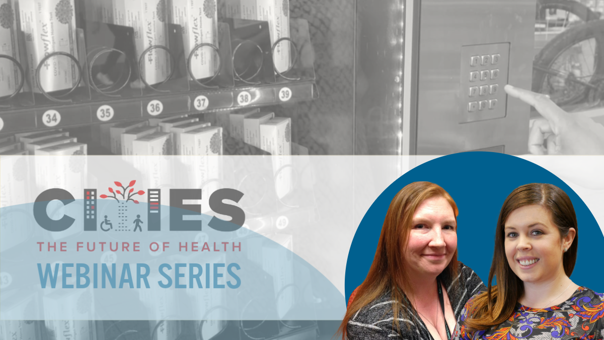 Graphic showing headshots of the speakers, logo for the webinar series, and a person using a harm reduction vending machine