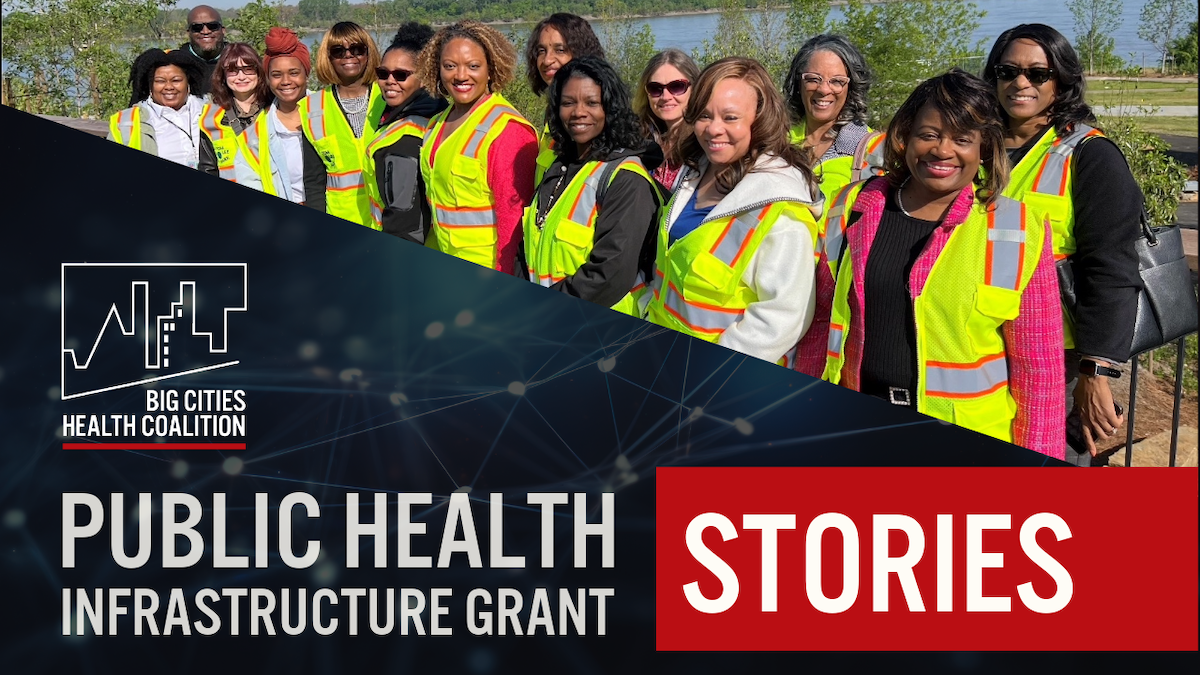 Shelby County Health Department staff standing together outside. Text on top reads "Public Health Infrastructure Grant Stories"