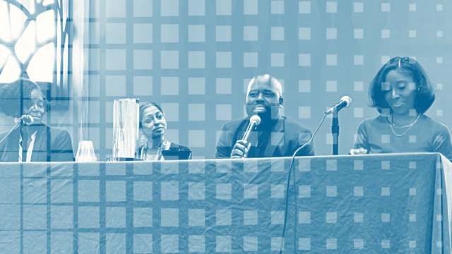 Stylized image of four people on a conference panel