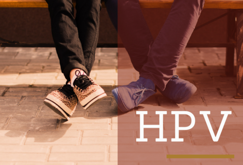 Graphic showing two teenagers sitting on a bench, just showing their legs and feet. Text reads: HPV: put preventing cancer on your back-to-school checklist