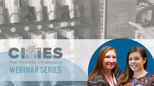 Graphic showing headshots of the speakers, logo for the webinar series, and a person using a harm reduction vending machine