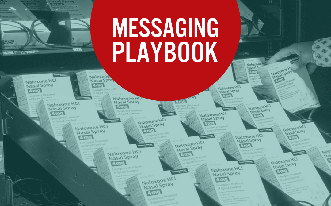 Stylized image of person re-stocking a harm reduction kiosk. Text on top reads: "Messaging playbook."