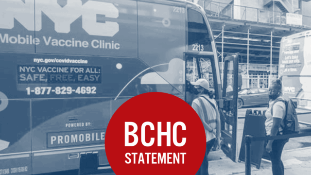 Public health worker standing outside NYC health department's mobile vaccination clinic. Text on top reads: "BCHC Statement"