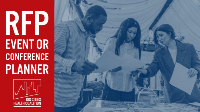 Graphic showing three people talking over an event plan. Text reads: RFP event or conference planner