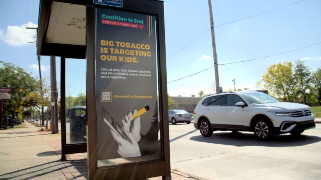 Bus stop poster in Cleveland that reads: "Big tobacco is targeting our kids."