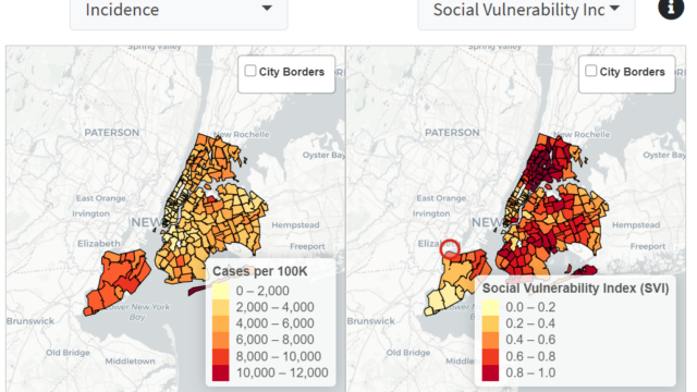 Sample maps from the dashboard comparing COVID incidence to social vulnerability in New York City neighborhoods