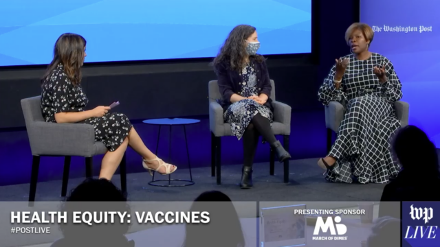 Screen shot of Drs. LaQuandra Nesbitt and Cheryl Bettigole sitting on a stage, speaking at Washington Post Live