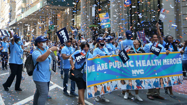 Public health workers marching in a New York City parade