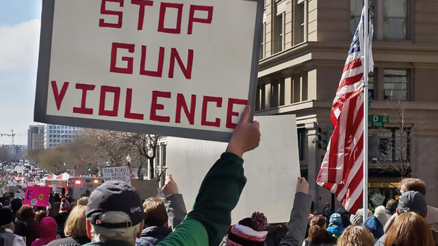 A person at a protest holding a sign stating, "STOP GUN VIOLENCE", next to an American flag. Photo by Chip Vincent.