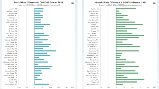 Charts showing COVID-19 death rates for 2021 for Black and Hispanic residents of big cities