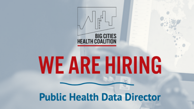Graphic showing person viewing health data in background. Foreground reads "We are Hiring: Public Health Data Director" and includes BCHC logo